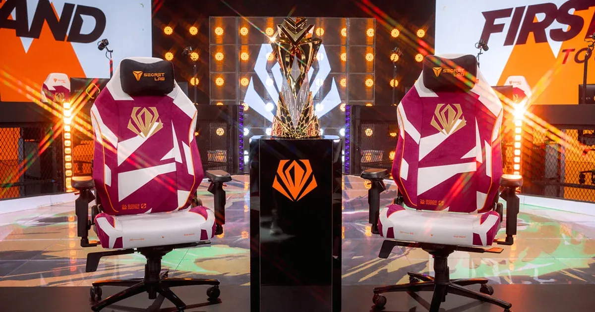Esports championship stage with gaming chairs and trophy at the 2026 First Stand Grand Finals.