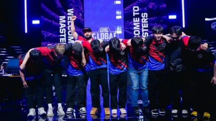 Global Esports players celebrating after defeating Paper Rex 2-1 at VCT Pacific Stage 1.