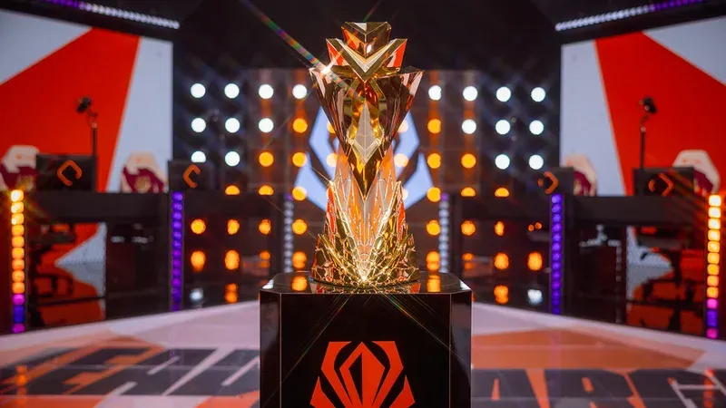 LoL First Stand 2026 championship trophy close-up on stage.
