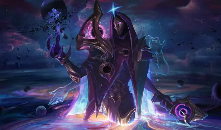 Dark Cosmic Jhin splash art, the featured champion for MSI 2026 with the Broken Covenant revenue-share skin.