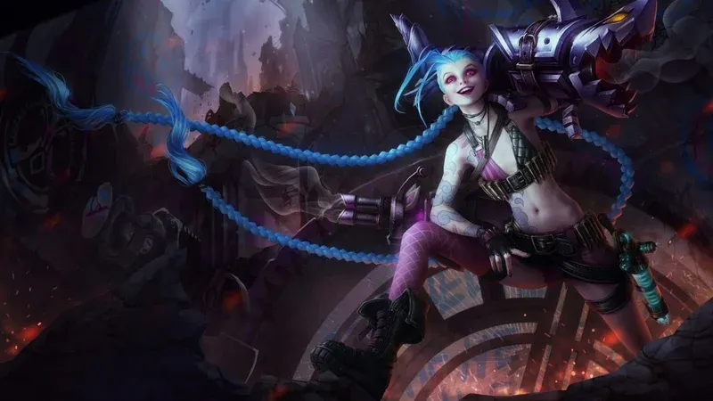 Jinx from League of Legends — a popular champion for mid-ranked players competing in prize pool ladders. Official Riot Games artwork.