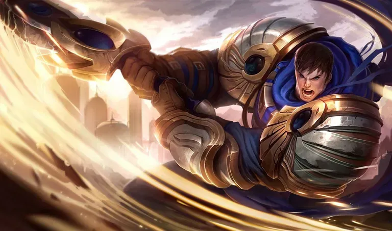 Garen charging into battle, representing mastering a focused champion pool in ranked LoL.