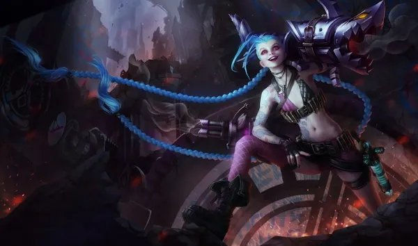 Jinx splash art, League of Legends ADC champion.