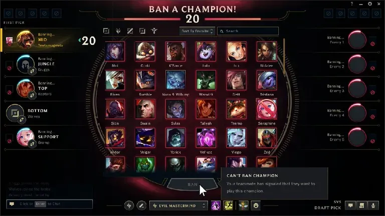 Champion select ban screen showing the allied champion ban restriction removal in LoL 2026.