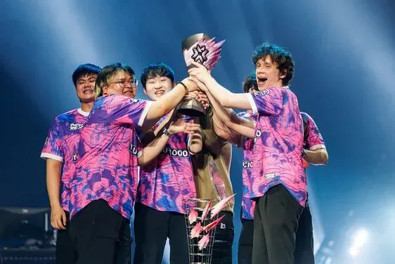 Paper Rex lifting the VCT Pacific Stage 1 2026 trophy after their fourth consecutive championship win.