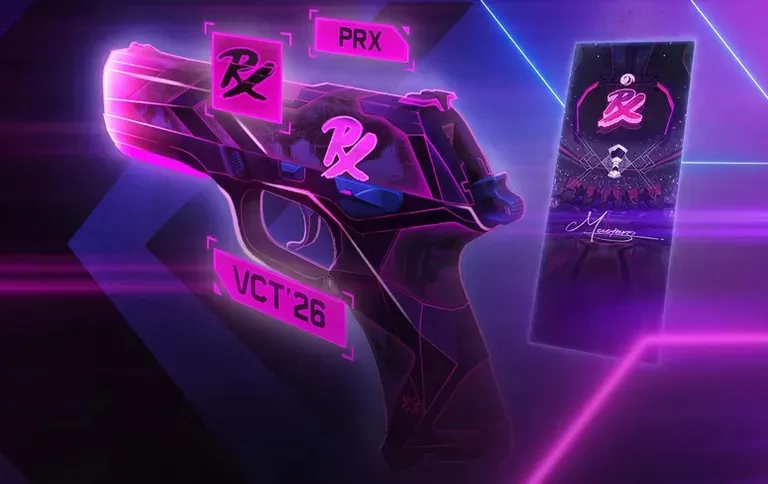 Paper Rex VCT 2026 team capsule featuring the PRX branded Phantom skin and player card.