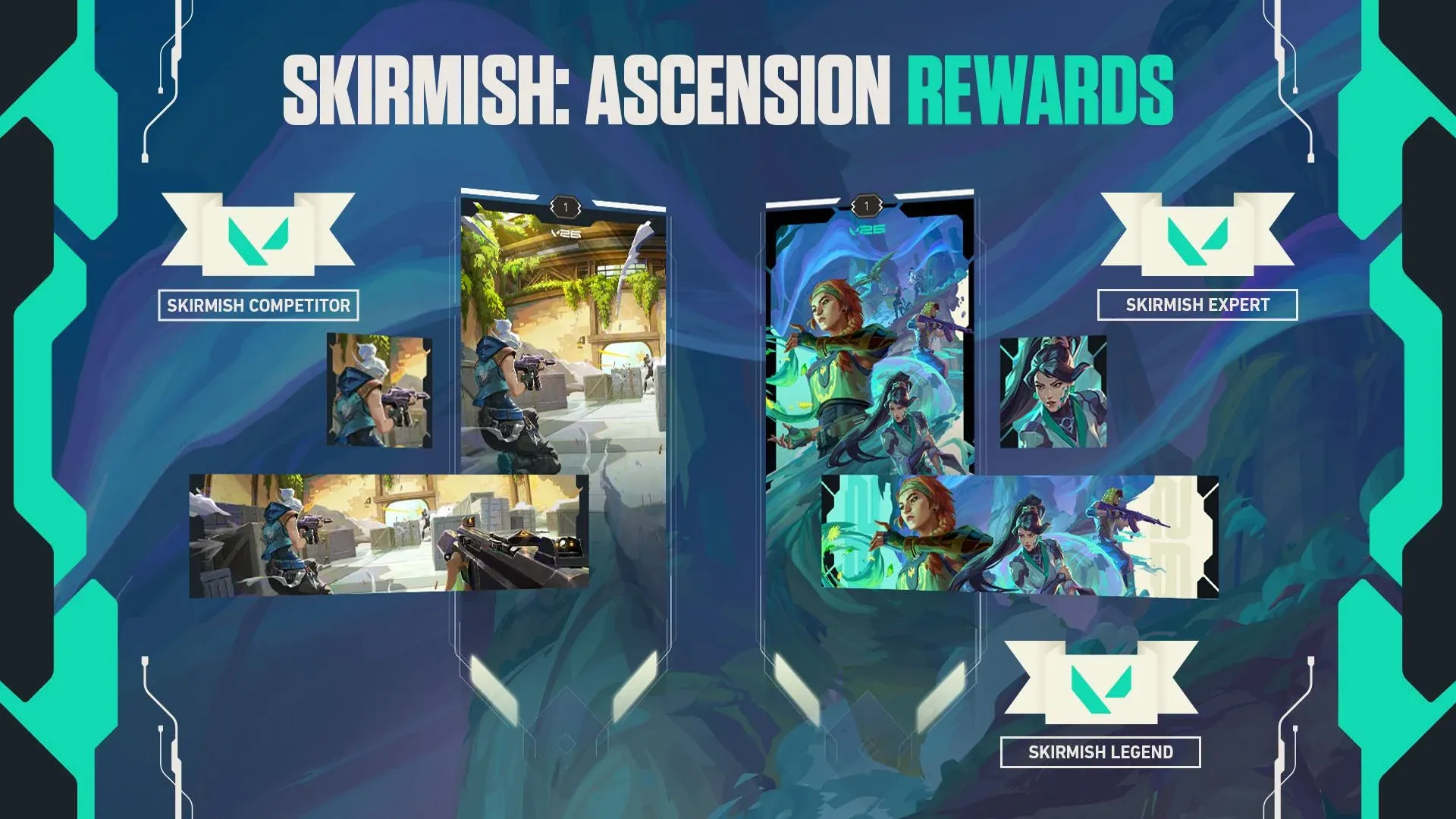 Skirmish: Ascension leaderboard tiers and rewards including Competitor, Expert, and Legend titles.
