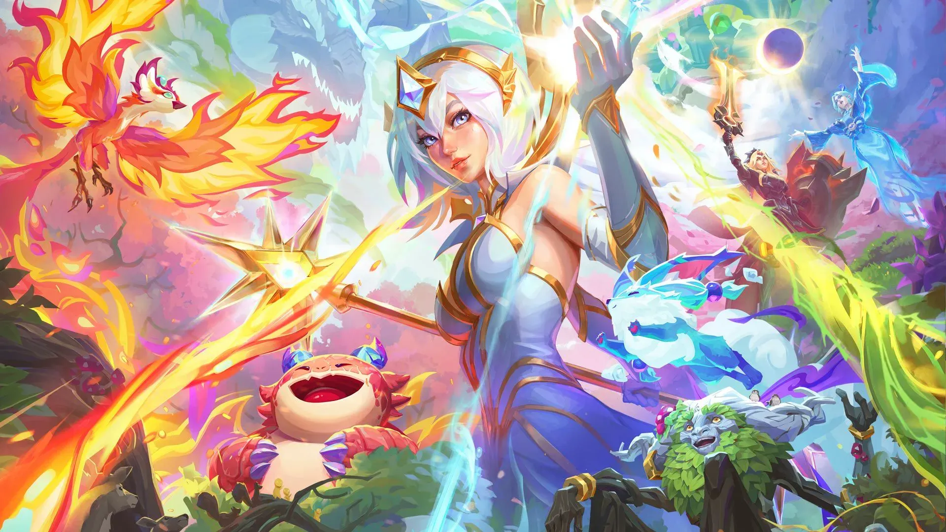 Enchanted Wilds key art: a mage casting magic in a glowing forest surrounded by spirits.
