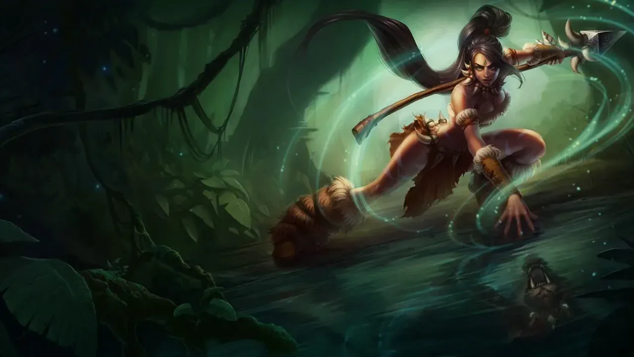 Nidalee splash art: the champion lunging through a misty jungle swamp with her spear.