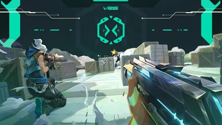Two VALORANT agents clash in a competitive gunfight near supply crates.
