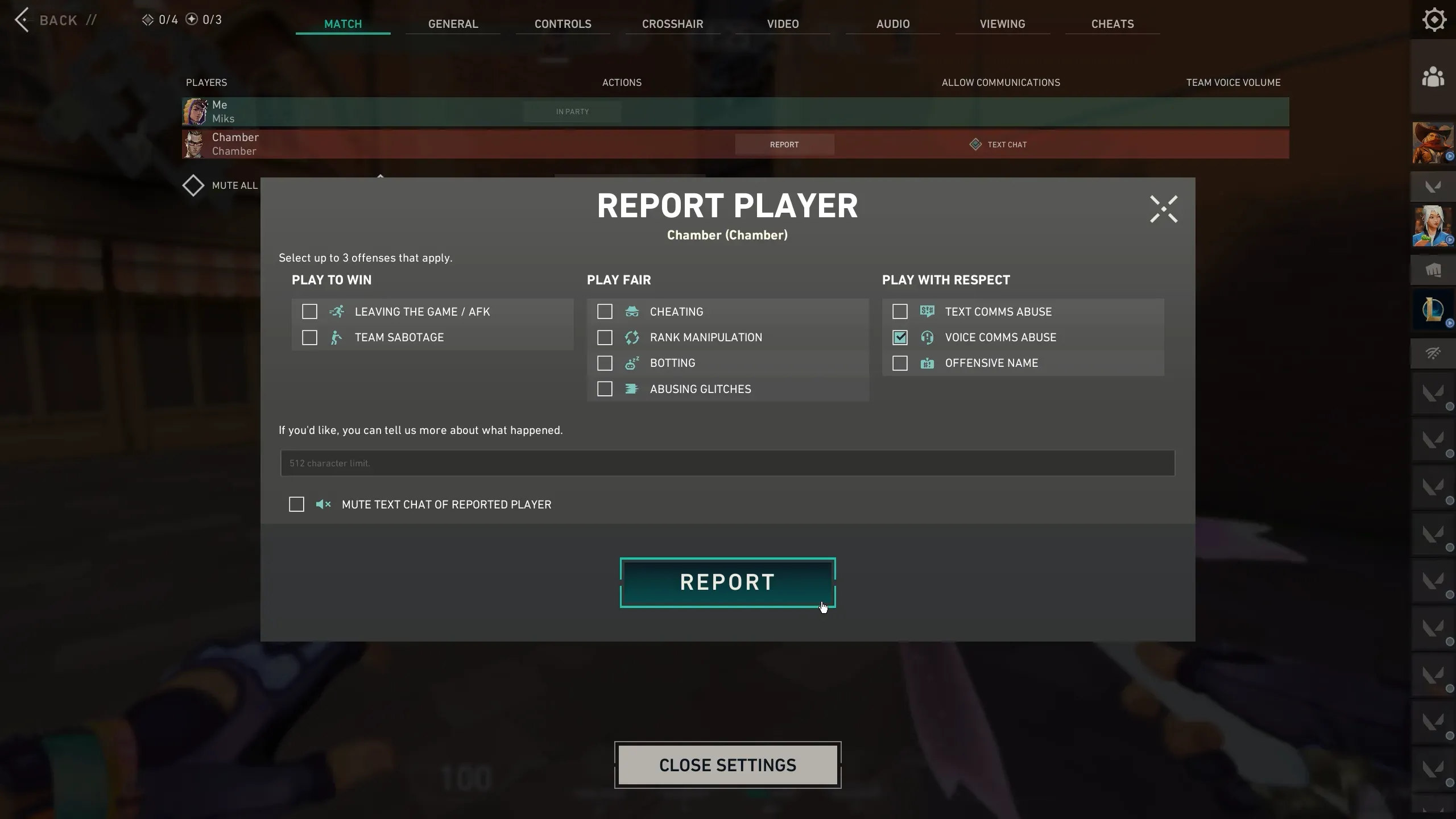 The VALORANT report player screen with Voice Comms Abuse selected under Play with Respect.