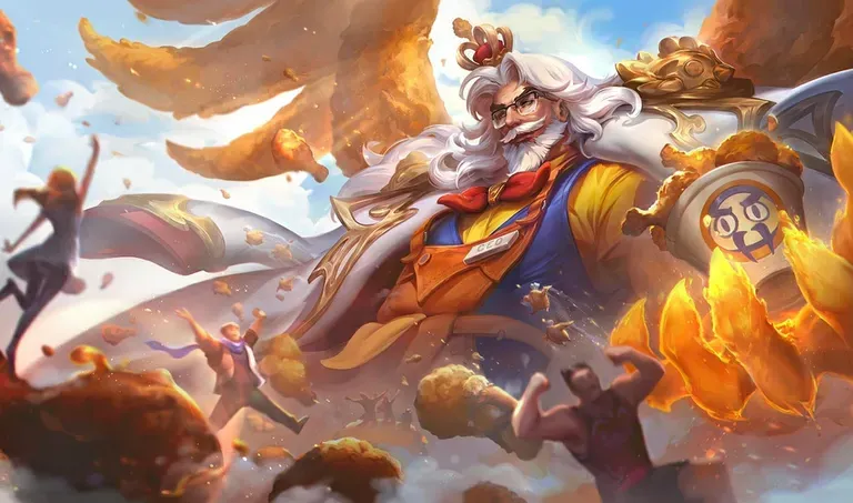 Fried Chicken King Swain skin splash art from LoL Patch 26.7.