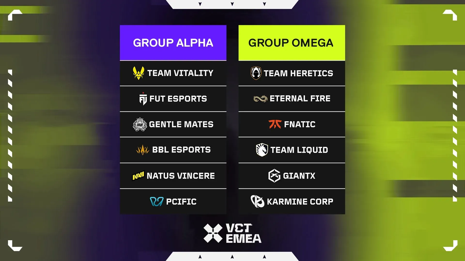 VCT EMEA Stage 2 2026 group draw showing Group Alpha and Group Omega lineups.