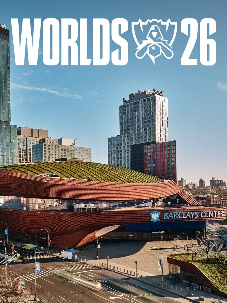The Barclays Center in Brooklyn, New York, with the Worlds 26 logo for the League of Legends World Championship 2026.